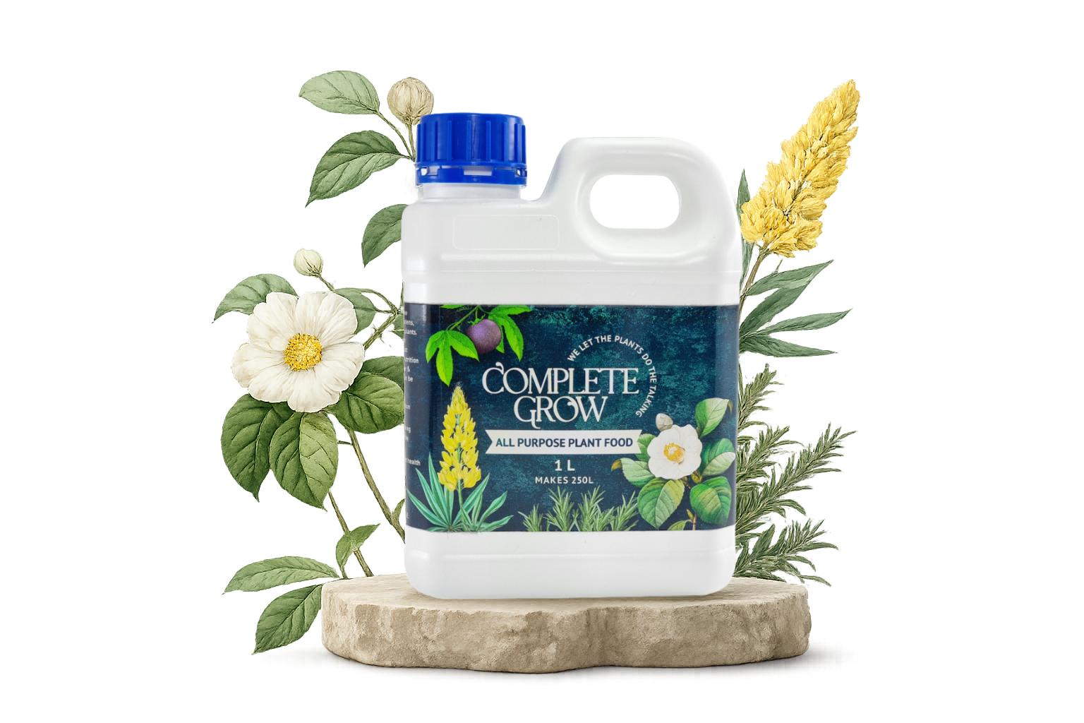 CompleteGrow All Purpose Plant Food 20-20-20 displayed with botanical plants